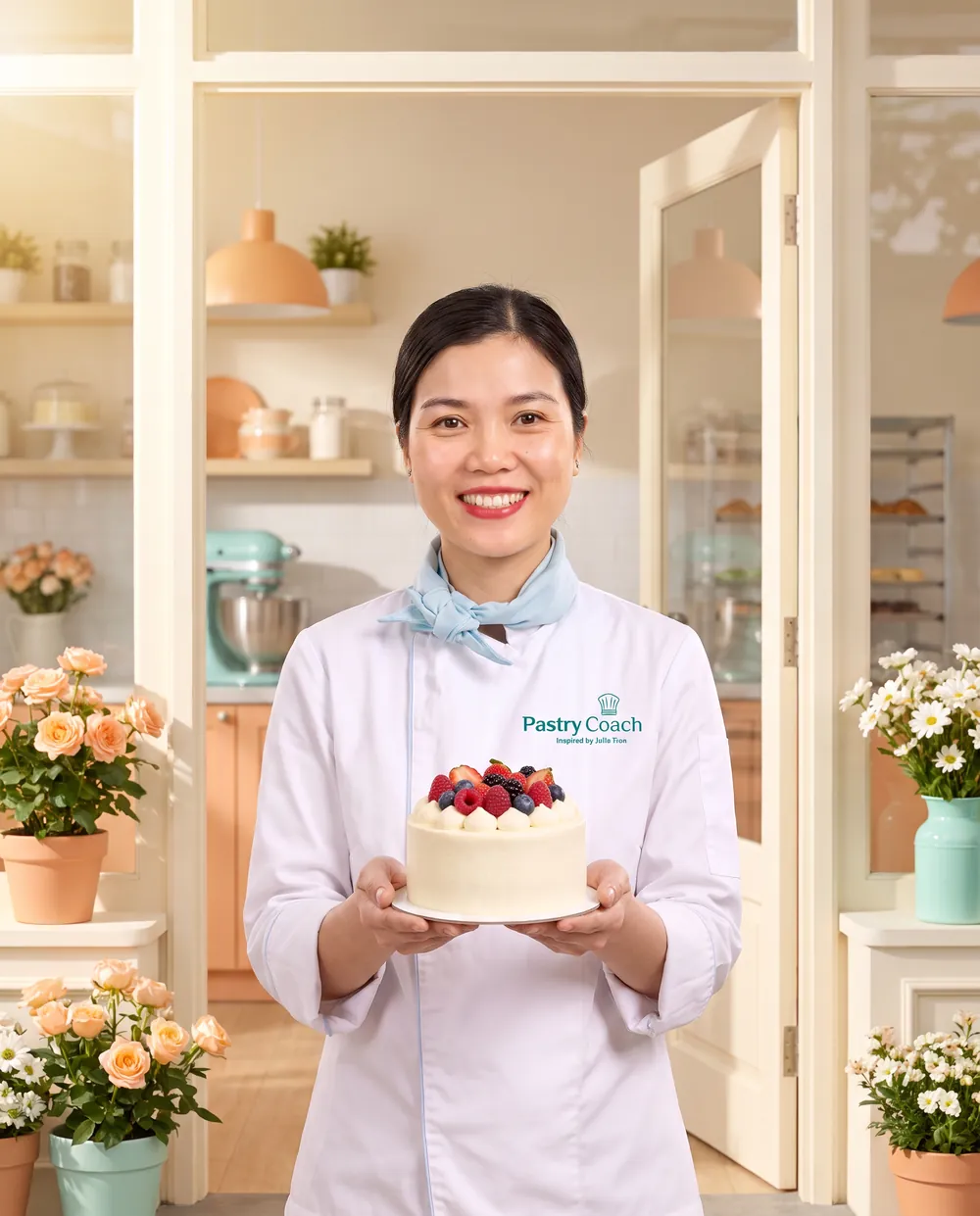 Jullia Trần mỉm cười chào đón, tay cầm chiếc bánh kem dâu tại cửa studio bếp